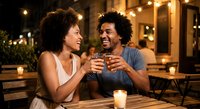 Happy African American couple enjoying drinks together on romantic dinner date at outdoor restaurant terrace with warm string lights creating cozy atmosphere.