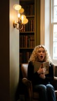 Surprised young blonde woman with curly hair reading book in cozy library corner with warm lighting and vintage bookshelf background.