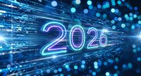 Futuristic 2026 year number with glowing neon lights and digital data streams on dark blue technology background for New Year celebrations and future concepts.