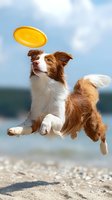 Border Collie catching yellow frisbee disc while jumping at beach. Athletic dog in mid-air motion shows agility and skill during summer outdoor play activity.