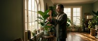 Middle-aged Caucasian man caring for houseplants in bright sunlit living room with large windows. Indoor gardening and plant care lifestyle concept.