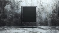 Dark empty concrete room with black square frame on grunge wall, dramatic lighting and moody atmosphere creates mysterious minimalist architectural space.