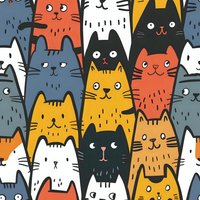 Colorful cartoon cats pattern with various expressions in orange, yellow, black, white, and blue, perfect for children's products.