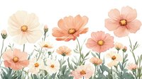Delicate cosmos flowers in soft peach and cream tones with green stems and buds against white background, watercolor style floral arrangement for spring designs.