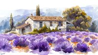 Rustic farmhouse amid blooming lavender field in Provence style watercolor landscape with cypress trees and purple flowers against cloudy summer sky.