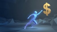 Glowing blue polygonal businessman running toward golden dollar sign on dark geometric background representing financial success and wealth pursuit.