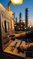 Industrial worker operating control panel at oil refinery during sunset with city lights in background for energy and manufacturing concepts.