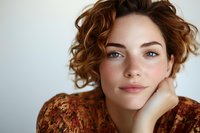 Young woman with natural makeup and curly auburn hair wearing brown floral top poses with hand on chin against light background, expressing confidence and authenticity.