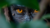 Close-up view of bright amber eyes and facial features of a primate through green foliage, creating mysterious and dramatic wildlife photography effect.