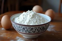 White flour in decorative ceramic bowl with brown eggs on wooden table, natural lighting creates soft shadows, baking ingredients composition for cooking.