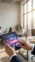 Businessman using digital payment gateway app on tablet with secure transaction interface in modern office environment for mobile banking and fintech solutions.