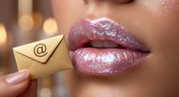 Woman with glossy pink glittery lips holding golden envelope with email symbol for digital communication and beauty marketing campaigns.