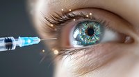 Medical injection near blue human eye with glowing sparkles, macro shot showing detailed iris texture and eyelashes in soft focus for healthcare concept.