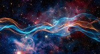 Abstract cosmic waves flowing through deep space nebula with vibrant blue and orange energy streams against starfield background for digital art projects.