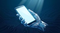 Futuristic smartphone with blank screen held by digital wireframe hand on blue technology background with circuit patterns for mobile app mockup presentations.