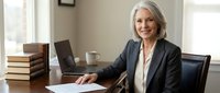 Mature woman with white hair and fair complexion, wearing professional dark blazer and cream blouse, seated at wooden desk in modern office with books and laptop, suitable for business, corporate, and professional themes.