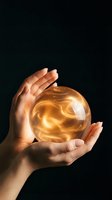 Hands holding glowing golden sphere with luminous liquid swirling inside against dark background, representing energy, innovation, and future vision for business and technology concepts.