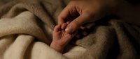 Newborn baby hand gently held by parent finger on soft beige blanket, capturing tender bond of love, care, and new life.