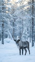 Majestic reindeer standing in snowy winter forest with falling snowflakes and frost-covered evergreen trees creating magical arctic wilderness atmosphere.