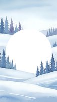 Watercolor winter landscape with snow-covered hills and evergreen trees surrounding white circular frame for text or logo placement.