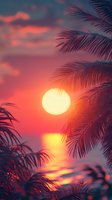Vibrant orange sunset over calm ocean waters, framed by silhouetted palm fronds creating tropical atmosphere. Sun reflection ripples on water surface in warm coral tones.