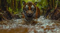 Bengal tiger splashing through muddy water in dense bamboo forest, fierce predator expression with water droplets spraying, dramatic wildlife action shot in natural habitat.