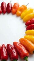 Colorful mini sweet peppers arranged in rainbow gradient from red to yellow with water droplets on white background for healthy cooking and nutrition concepts.