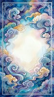 Watercolor clouds frame with ornate border in blue purple gold tones creating decorative background for invitations greeting cards and artistic projects.