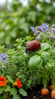 Red ladybug with black spots crawling on green foliage among purple flowers and orange nasturtiums in a garden setting for nature and wildlife projects.