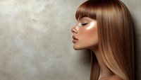 Profile view of woman with long straight brown hair and blunt bangs against textured beige background, showcasing sleek hairstyle and glowing skin.