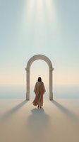 Solitary figure in flowing robes walking through stone archway toward ethereal light, symbolizing spiritual journey, enlightenment and personal transformation.