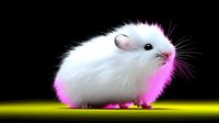 White winter hamster on black background with neon pink and yellow lighting effects, studio shot of small fluffy pet with dramatic contrast and glow.