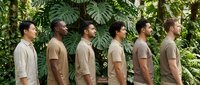 Group of six diverse men standing in profile against lush tropical foliage, wearing neutral beige and tan casual shirts, representing unity, diversity, and teamwork in natural outdoor setting.