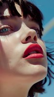 Close-up portrait of young woman with bright red lipstick, dark hair, and dramatic lighting against blue background. Sensual beauty and makeup concept.