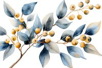 Watercolor branch with dusty blue leaves and golden berries on white background, botanical art composition for wall decor and stationery design.