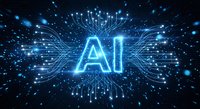 Glowing blue AI letters with digital circuit patterns and light effects on dark background for technology and artificial intelligence concepts.