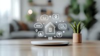 Smart home automation icons floating above device on wooden desk with blurred living room interior and houseplant in background, modern IoT concept.