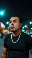 Adult male, Latin American ethnicity, wearing black t-shirt and silver chain necklace, photographed at night with bokeh city lights in background. Urban portrait.