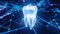 Digital tooth hologram with glowing neural network connections on dark blue background for dental technology and healthcare innovation concepts.