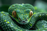 Close-up portrait of green tree python with striking yellow eyes and textured scales showing intricate details of snake head against dark background.
