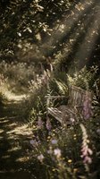Rustic wooden bench surrounded by purple wildflowers and ferns in dappled sunlight creates peaceful garden retreat atmosphere for relaxation and meditation.