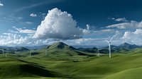 Rolling green hills with wind turbines against dramatic cumulus clouds and blue sky, showcasing renewable energy in pristine natural landscape. Sustainable power generation.