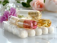Glass ampoules with colorful essential oils or serums arranged on white decorative holder with pink roses and purple flowers in background for cosmetic product photography.