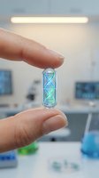 Scientist hands holding transparent capsule with glowing DNA double helix structure in modern laboratory for genetic research and biotechnology applications.