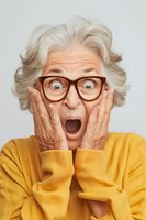 Surprised senior woman with gray hair and glasses in yellow sweater expressing shock with hands on cheeks and mouth open against light background.