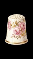 Vintage floral thimble with pink roses and gold trim, watercolor style, isolated on transparent background. Great for sewing clipart, stickers, t-shirt design, print on demand.