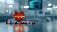 Red heart with pulse line and scattered medical pills on reflective surface against blurred hospital background, representing healthcare and cardiology.