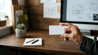Male professional with medium skin tone holding blank business card at wooden desk with computer monitor and architectural blueprints in background for corporate branding mockup.