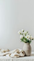 White roses in rustic ceramic vase on linen tablecloth against light wall, minimalist composition with soft natural lighting and gentle fabric folds.