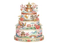 Tiered wedding cake with Asian-inspired pagoda topper, ornate gold details, cherry blossoms, lotus flowers, and decorative lanterns. Isolated clipart for invitations and celebrations.